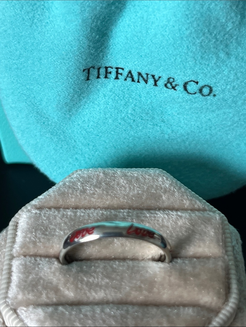 Tiffany & Co. Sterling Silver Band with Red 'Love' Engraving